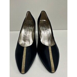 Bruno Magli women size 8B black satin fabric upper shoes with gold details